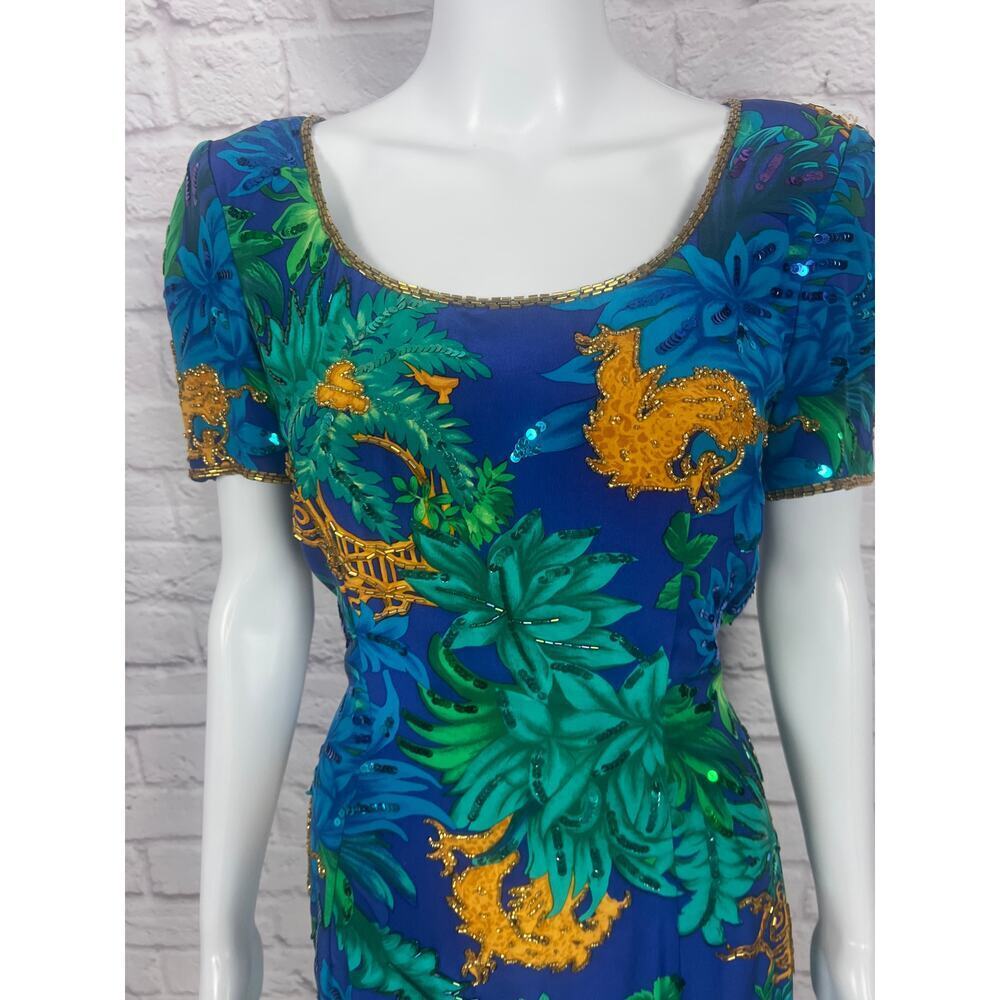 Vintage 1980s 100% Silk A.J. Bari Pattern Beaded and Sequins Dress - Picture 3 of 12